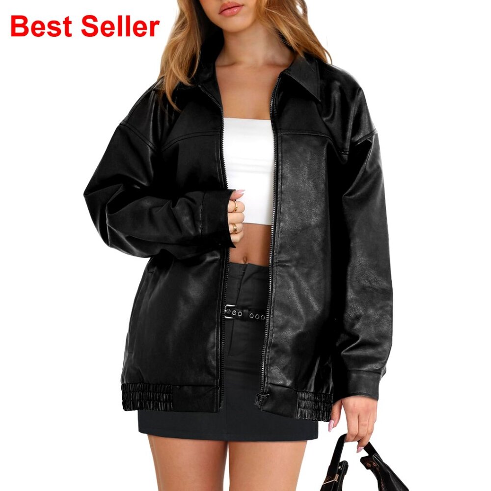 Faux Leather Oversized Moto Jacket for Fall Winter Fashion